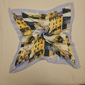 Lafayette 148 Silk Cotton Scarf Mediterranean Scene Print